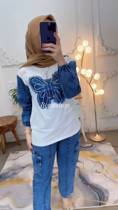 Oneset Setelan Jeans Cargo Kupu-Kupu Kombinasi Kaos Terbaru Wanita Atasan Baju Cantik Nyaman Dipakai