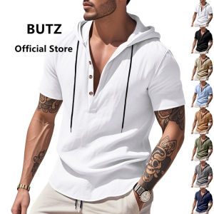 BUTZ brand 2025 summer new loose casual linen breathable beach hooded Henley shirt short sleeved shirt for men