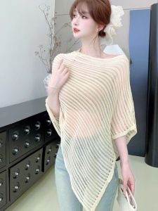 2025 Summer New Korean Style Loose Casual Hollow Knitted Cover up Top Womens Sun Protection High Quality Knitted Sweater