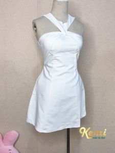 Váy yếm cổ xoắn khoét vai cách điệu Kemi đầm xòe dáng A chất Borip cao cấp thiết kế mới