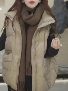 เสื้อกั๊กขนเป็ดสั้น ทรงหลวม สำหรับผู้หญิง ฤดูใบไม้ร่วง/ฤดูหนาว 2025 แฟชั่นใหม่ แขนกุด ไม่ต้องซัก เสื้อคลุมกันหนาวแบบสวมหัว