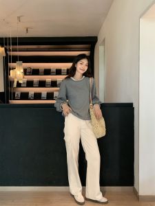 High Waist Straight Leg Workwear Pants Womens Autumn Cotton Vintage Loose Versatile Slimming Wide Leg Casual Pants