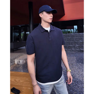 Dark Blue Short Sleeve Mens Polo Shirt Ice Silk American Retro Shoulder T-Shirt Heavyweight Summer Casual Polyester Fiber