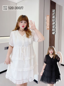 Fat Yingying 150.00kg Oversize Womens Clothing Fancy Sweet Simple and Short V-neck Slimming Waist-Tight Cake Dress