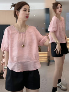 Summer 2024 Womens Fashionable Loose round Neck Short Sleeve Shirt Pure Color Minimalist Style Versatile Top Commute Friendly
