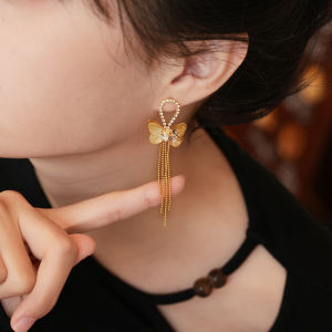 Elegant Double Layer Butterfly Zircon Tassel Earrings: A New Chinese Style Vintage Luxury Feeling