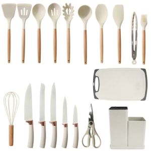 Silicone Kitchen Utensils Set 19PCS Spatula Set Knife Set Non Stick Stainless Steel Wooden Handle White