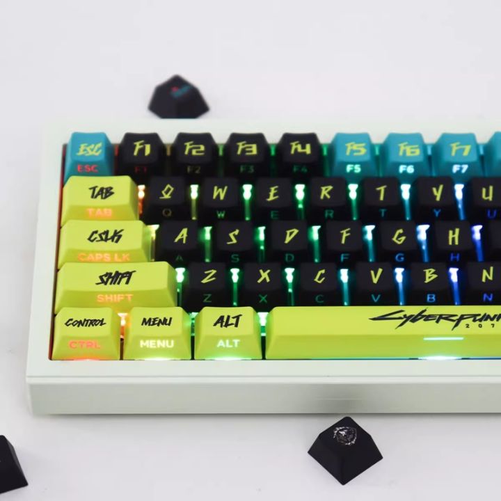 คีย์บอร์ด2077 Cyberpunk Keycap ด้านข้างสลักลายรองเท้าฟุตบอล129คีย์ PBT โปรไฟล์เชอร์รี่ PBT การระเหิดห้าด้านสำหรับสวิตช์ MX เชอร์รี่คีย์บอร์ดแบบกลไก DIY ปรับแต่งตามสั่ง RK IKB