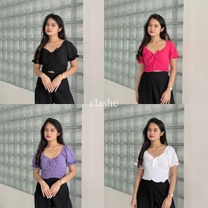 Baju Crop Blouse Pita Wanita Atasan Lengan Pendek Crinkle Airflow Anti Lecek Korean Style Kekinian Terbaru Ootd Paulina Top by Clashe