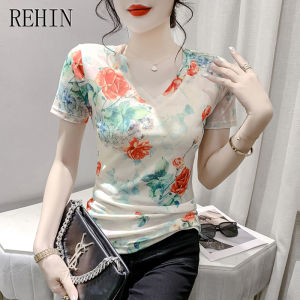 REHIN Summer Fashion Mesh Printed Floral Short Sleeve V-neck T-shirt Slimming and Korean Stylish Womens Top
