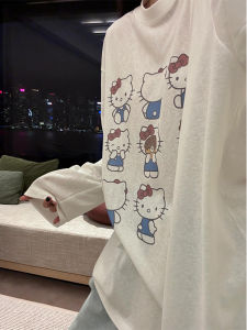 Ladies Large Size Cat Print T-Shirt Casual Lazy Style Long Sleeve Autumn New Fashion Versatile Cotton Top for Students