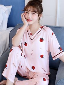 Summer Lightweight Silk Sleepwear Womens Cute Short Sleeve Loose Fit Home Clothes Long Pants V-Neck Print Comfortable Nightgown