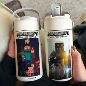 Minecraft Steve Portable Insulated Water Bottle Straw Cup Anime Dimension Portable Beverage Container Dual Use Lid Stainless Steel Cup