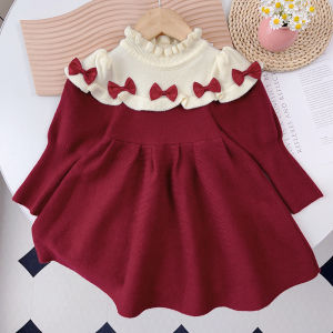 Bear Leader Childrens Knitted Clothing 2024 Autumn Winter Cute Bow Long Sleeve Dresses For 1-8 Years Baby Girls Pullover Sweater Xmas Princess Party Dress