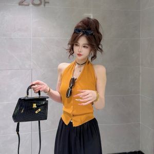 YUEZHONGWEI | French V-Neck Sleeveless Halter Tank Top