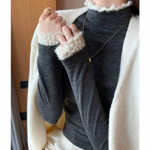 COD H270 lace spliced semi-turtleneck bottoming shirt womens autumn and winter threaded slim-fit sweater lace knitted sweater with topGFDAGDA