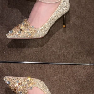Champagne Colored Large Size Wedding Shoes with Fine Heel Two-Way Wear Diamond Embellished High Heels for Bridal Gowns