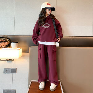 ชุดกีฬาผ้าขนแกะหนาสำหรับเด็กผู้หญิง ชุดสองชิ้นพร้อมฮู้ดสีแดง ชุดฤดูหนาวแบบสวมหัว ผ้าฝ้ายผสม ปกติ ฤดูใบไม้ร่วง/ฤดูหนาว