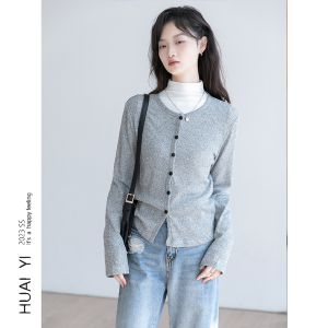 เสื้อคาร์ดิแกนถักสีเทาสำหรับผู้หญิง ทรงเข้ารูป คอกลม แขนยาว ทรงปกติ แฟชั่นฤดูใบไม้ร่วง ฤดูหนาว เสื้อเชิ้ตคอตตอน