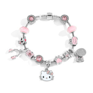 Sanrio | Cute Hello Kitty Themed Bracelet Zinc Alloy with Camera Shoe & Kitty Charms Silver Tone Adjustable Wristband for Girls