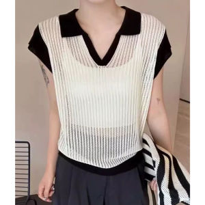 YUEZHONGWEI | Áo thun dệt kim Ice Silk ôm vừa vặn tay ngắn cổ polo mùa hè cho nữ Áo thun cổ bẻ khoét sâu màu tương phản