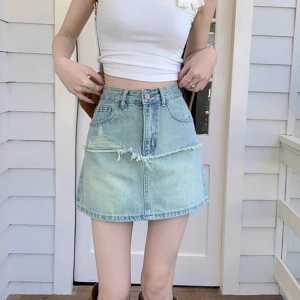 Váy Ngắn Denim Chữ a Cạp Cao Màu Xanh Nhạt Có Lớp Lót Chống Ánh Sáng Quần Short Nữ Mùa Hè Mới Váy Ngắn Xếp Ly