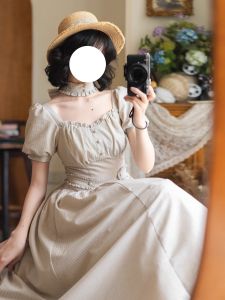 Váy Sọc Vải Lanh Cotton Thanh Lịch Mùa Hè Chiffon Váy OP Cổ Điển Có Lớp Lót Cotton Cho Nữ Váy Xếp Ly Hình Con Lợn