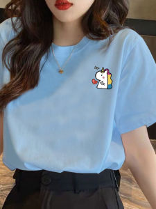 New 2026 Cartoon Style Loose Fit Thin Short Sleeve Womens T-shirt Korean Version Summer Blue Casual Creative round Neck Top
