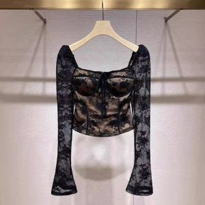 Áo Ren Cổ Vuông Dài Tay Thắt Nơ Ôm Vừa Vặn Gợi Cảm Mùa Xuân 2025 Phong Cách Mới Cho Nữ Chất Liệu Polyester Thường Ngày