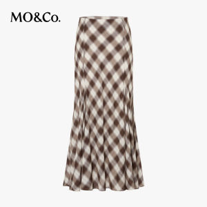 MO&Co. | Tencel Wool Mid Low Waist H-Line Plaid Long Skirt