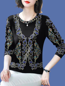 New Long Sleeve 2025 Print Anti-Aging round Neck Spring Autumn Mom T-Shirt Belly Covering Slimming Versatile Base Shirt Women Trendy