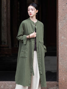 เสื้อแจ็คเก็ตคอตตอนผสมลินินสไตล์ย้อนยุคแบบลำลองสำหรับผู้ชายและผู้หญิง เสื้อคลุมกันหนาวทรงหลวมสไตล์ฮ่องกง ผูกเชือกเอว