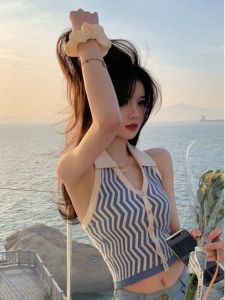 French Chic Unique Knitted Neck Hanging Top Womens Summer Outerwear Spicy Girl Design Sensation Small Batch Vest Strap