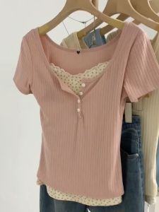 Women's Cotton Short Sleeve T-Shirt: Fake Two Pieces Base & Floral Lace Patchwork