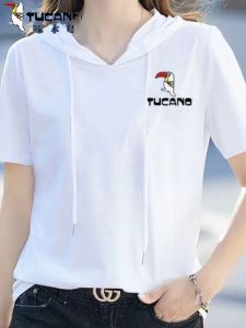 TUCANO Summer Pure Cotton Hoodie Short Sleeve Womens Fashion Versatile Thin T-shirt Trendy Commute Korean Style Print Top