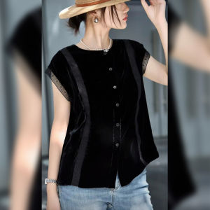 BINKAFENNY | เสื้อยืดแขนสั้นผ้ากำมะหยี่ลายลูกไม้สีดำ ทรงหลวม สำหรับผู้หญิง ไซส์ใหญ่ ทรงสลิม เสื้อผ้าทำงานสไตล์เกาหลี