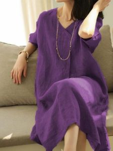 Retro V-neck Pure Color Cotton Linen Loose Womens Dress Summer Slimming Tea Service Skirt A-line Midi Dress Casual Commute