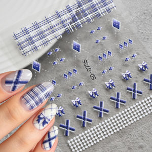 1Pc 5D Klein Blue Rhombus Plaid Bow Nail Stickers Dotted Line Diamond Grid Self-Adhesive Nails Decal Sweet Grids Manicure Slider