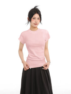 American Retro สีดำ เสื้อยืดแขนสั้น ผู้หญิง สลิมฟิต ผ้าฝ้าย ฤดูร้อน Sport Short เสื้อท่อนบน คอกลม เสื้อยืดความยาวปกติ