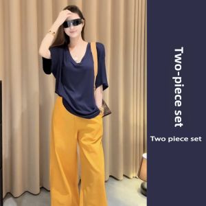 YUEZHONGWEI | Yellow Wide Leg Pants Set Casual Fashion Dopaamine Anti-Aging Summer Outfit Two-Piece Ensemble For Ages 18-25 Mid-Month Vi Brand