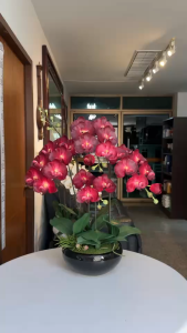 กระถางกล้วยไม้ปลอม กล้วยไม้สีแดง พร้อมกระถางเซรามิค และกระถางดอกไม้ปลอม (สีทอง)