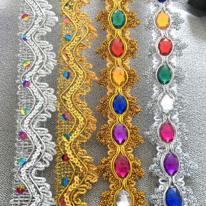 2m/6.56ft Each Pack Gold Diamond Lace Trims Ribbons Rhinestones Crystal Sequin Laces DIY Clothes Sewing Gift Christmas Accessory