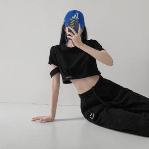 IELGY Áo Tay Ngắn Áo Thun Hở Rốn Cạp Cao Ngắn Mùa Hè Cho Nữ