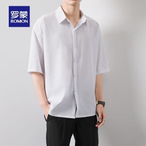 ROMON | Lormen Mens Ice Silk Shirt Summer Loose Fit Casual Workwear Five-Button Short Sleeve Long Coat No Ironing Required