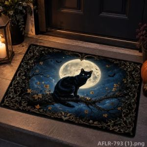 VIKAMA Chủ Đề Halloween Mèo Đen Dơi Mặt Trăng Bí Ngô Thảm Cửa Chống Trơn Trượt Trong Nhà Thảm Cho Lối Vào Trang Trí Nhà Thảm Trải Sàn Polyester