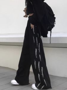 Quần Ống Rộng Cạp Cao Màu Đen Phong Cách Đường Phố Mùa Hè Cho Nữ Quần Dài Ống Đứng Rộng Rãi Thoải Mái