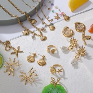 Kemstone Cao Cấp thép titan Sao Biển & Seashell Đại Dương Cuộc Sống Vòng Cổ Bền Không-Làm xỉn Đồ Trang Sức Của Phụ Nữ