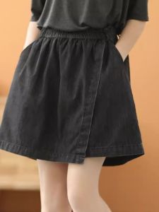 Quần Short Denim Cạp Cao Co Giãn Cho Nữ Mùa Hè Mỏng Mới Rộng Rãi Cỡ Lớn Quần Áo Công Sở Phong Cách Cung Đình Thường Ngày