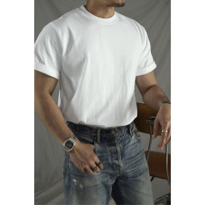Fashion Hard Han Style Pure Cotton T-Shirt Mens Small Neckline Amekaji Work Clothing Short Sleeve Basic Black and White Inner Bottoming Shirt