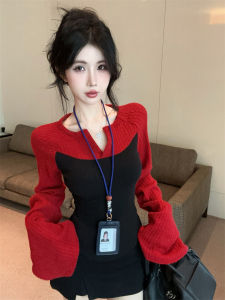 GUZILIAN | Design Sensation Color Block V-Neck Knitwear Womens Long Sleeve Slim Fit Sweet And Spicy Girl Tight Short Top Korean Style